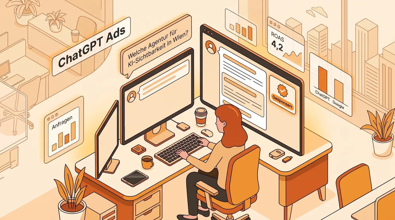 ChatGPT Ads: Kauffrage im Chat mit gekennzeichnetem Anzeigen-Vorschlag und Messwerten in der Atziry Plattform