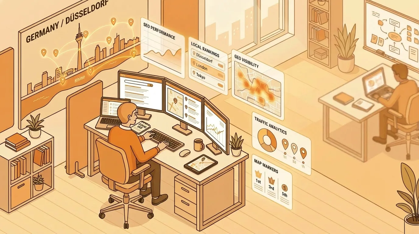Atziry SEO & GEO Agentur Düsseldorf – Dashboard mit lokalen Rankings und KI-Sichtbarkeit, Düsseldorfer Skyline mit Rheinturm