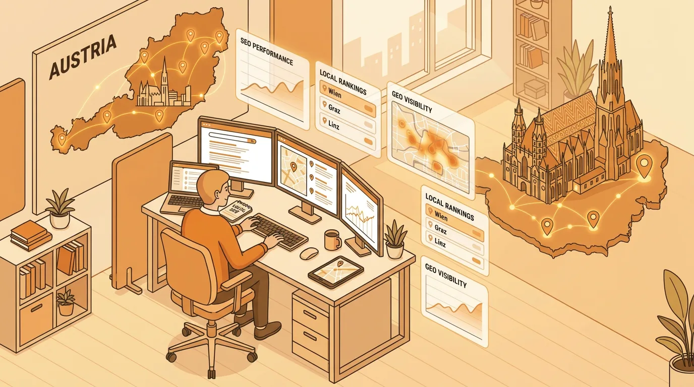 Atziry SEO & GEO Agentur Wien – Dashboard mit lokalen Rankings und KI-Sichtbarkeit, Wien-Skyline mit Stephansdom