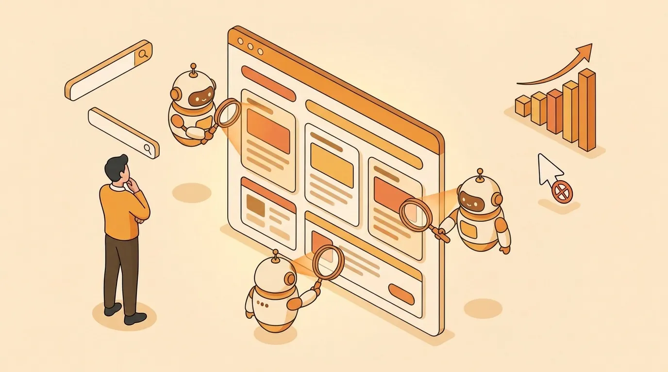 Isometrische Illustration: Kleine Roboter mit Lupen leuchten gezielt in einzelne Fenster eines Website-Gebäudes, daneben eine Person mit Statistik am Laptop
