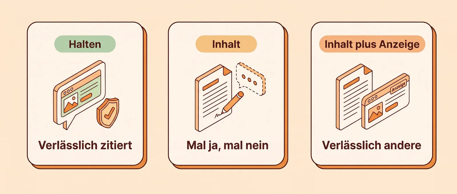 Drei Gruppen je Frage: Halten, Inhalt, Inhalt plus Anzeige